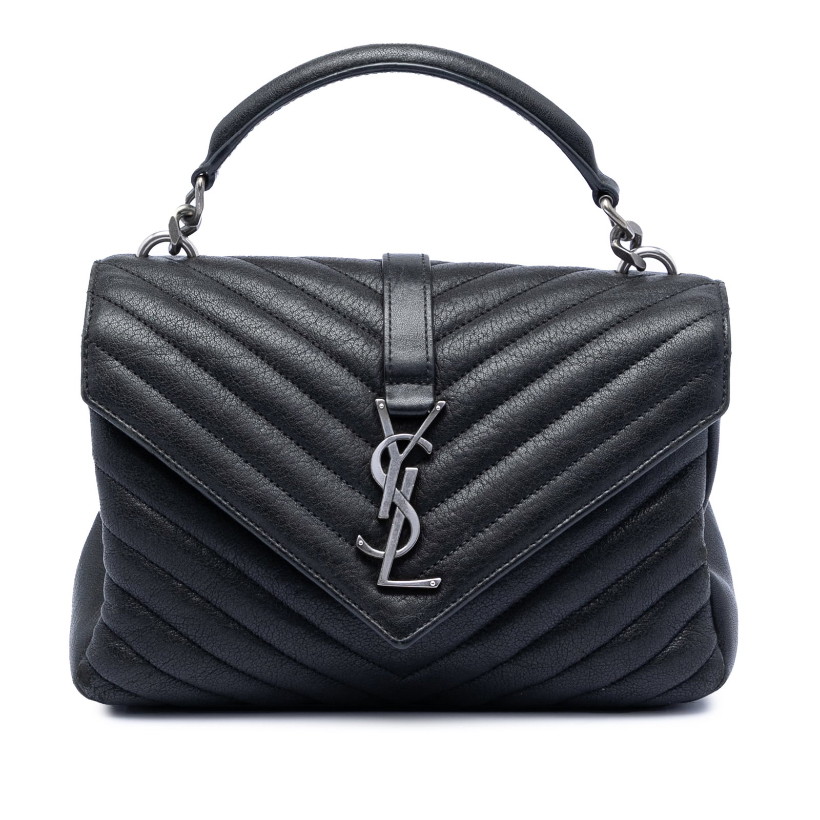 Saint Laurent College Quilted Leather Medium Chevron Monogram Shoulder Bag: Saint Laurent College Quilted Leather Medium Chevron Monogram Shoulder Bag This Saint Laurent Medium Chevron Sheepskin Monogram College Satchel features a quilted leather body with a chevron pattern, 