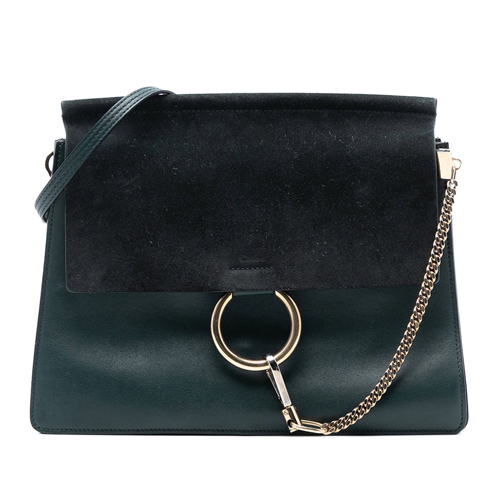 Faye Green Leather and Suede Crossbody Bag by Chloe Medium Size: Faye Green Leather and Suede Crossbody Bag by Chloe Medium Size This Chloe Faye crossbody bag features a leather body with a suede top flap, a flat leather strap, a hook closure, and an interior zip p