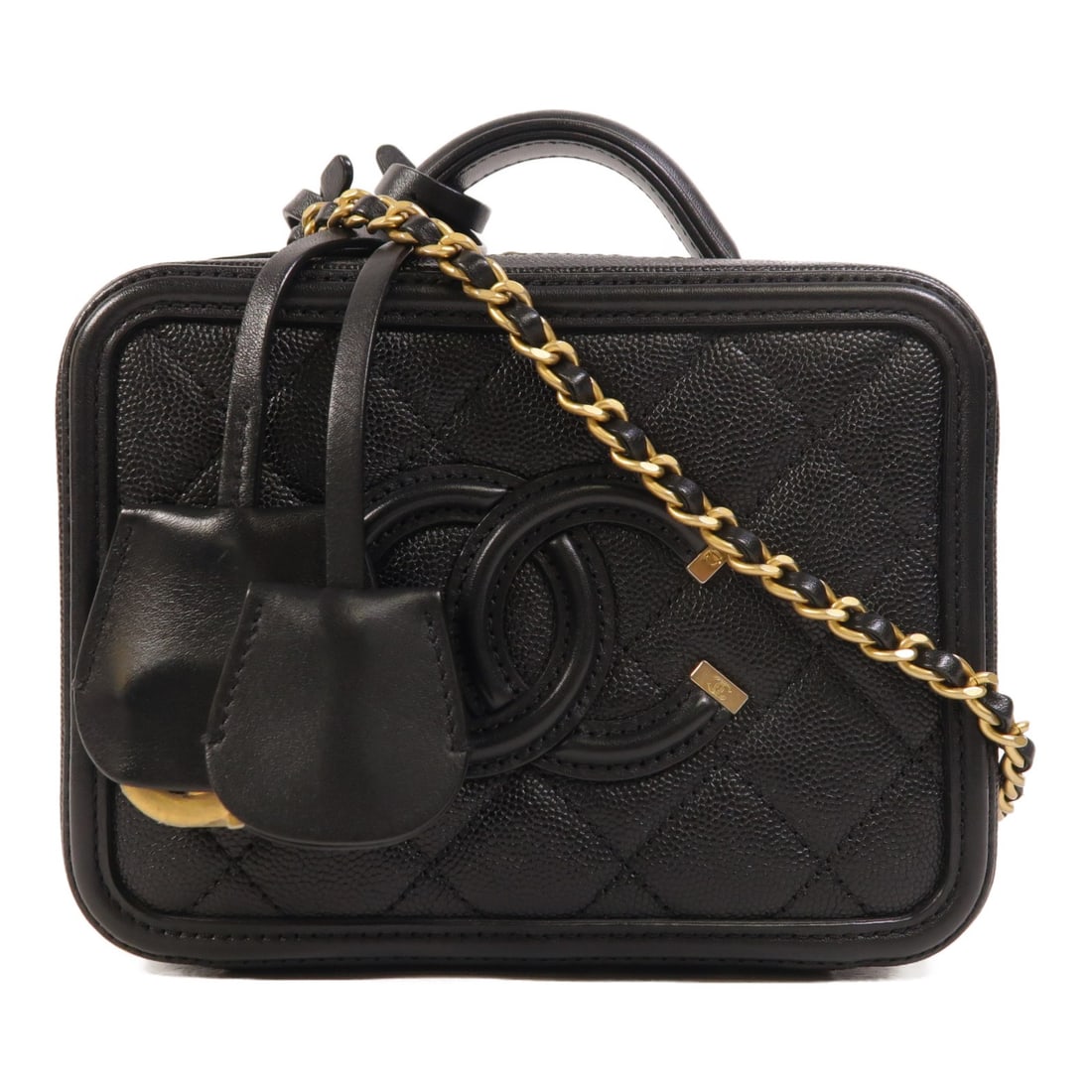 Chanel Vanity Case Black Calfskin Leather 2 Way Shoulder Bag GHW A93342: Chanel Vanity Case Black Calfskin Leather 2 Way Shoulder Bag GHW A93342 This CHANEL CC vanity case is crafted from black calfskin leather and features gold-tone hardware. Designed as a versatile 2-way