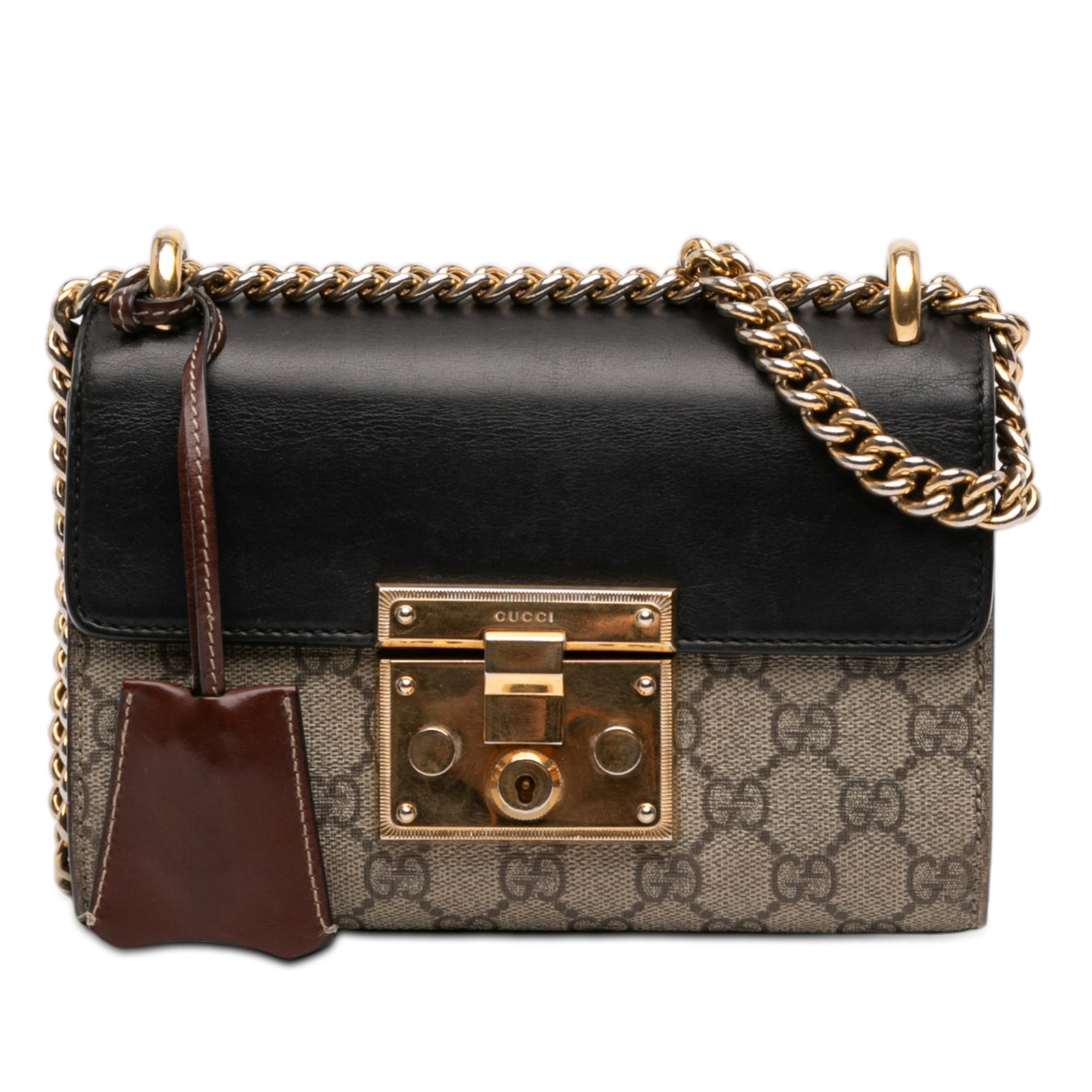 Gucci GG Supreme Beige Small Padlock Chain Crossbody Bag: Gucci GG Supreme Beige Small Padlock Chain Crossbody Bag This Gucci Small GG Supreme Padlock Crossbody bag features a coated canvas exterior in beige with a chain link strap and a front flap secured b