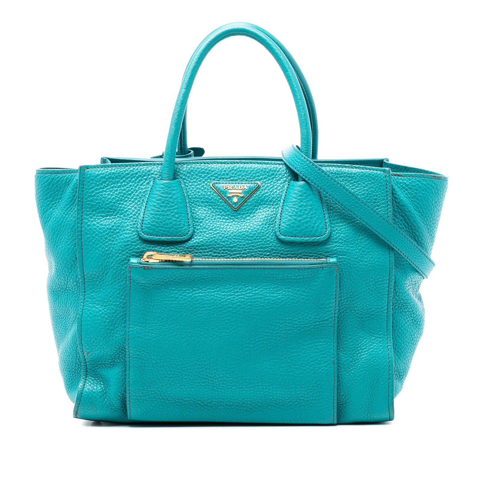 Prada Vitello Daino Blue Leather Convertible Satchel with Front Zip Pocket (1 of 6)