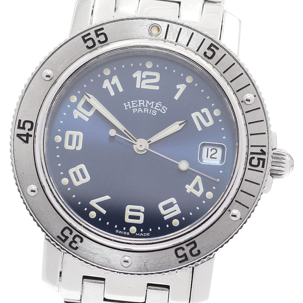Hermes Clipper Diver Date Quartz Stainless Steel Mens Watch CL7.710: Hermes Clipper Diver Date Quartz Stainless Steel Mens Watch CL7.710 This Hermes Clipper Diver Date Quartz men's wristwatch features a stainless steel case and bracelet with a navy dial. The watch is p