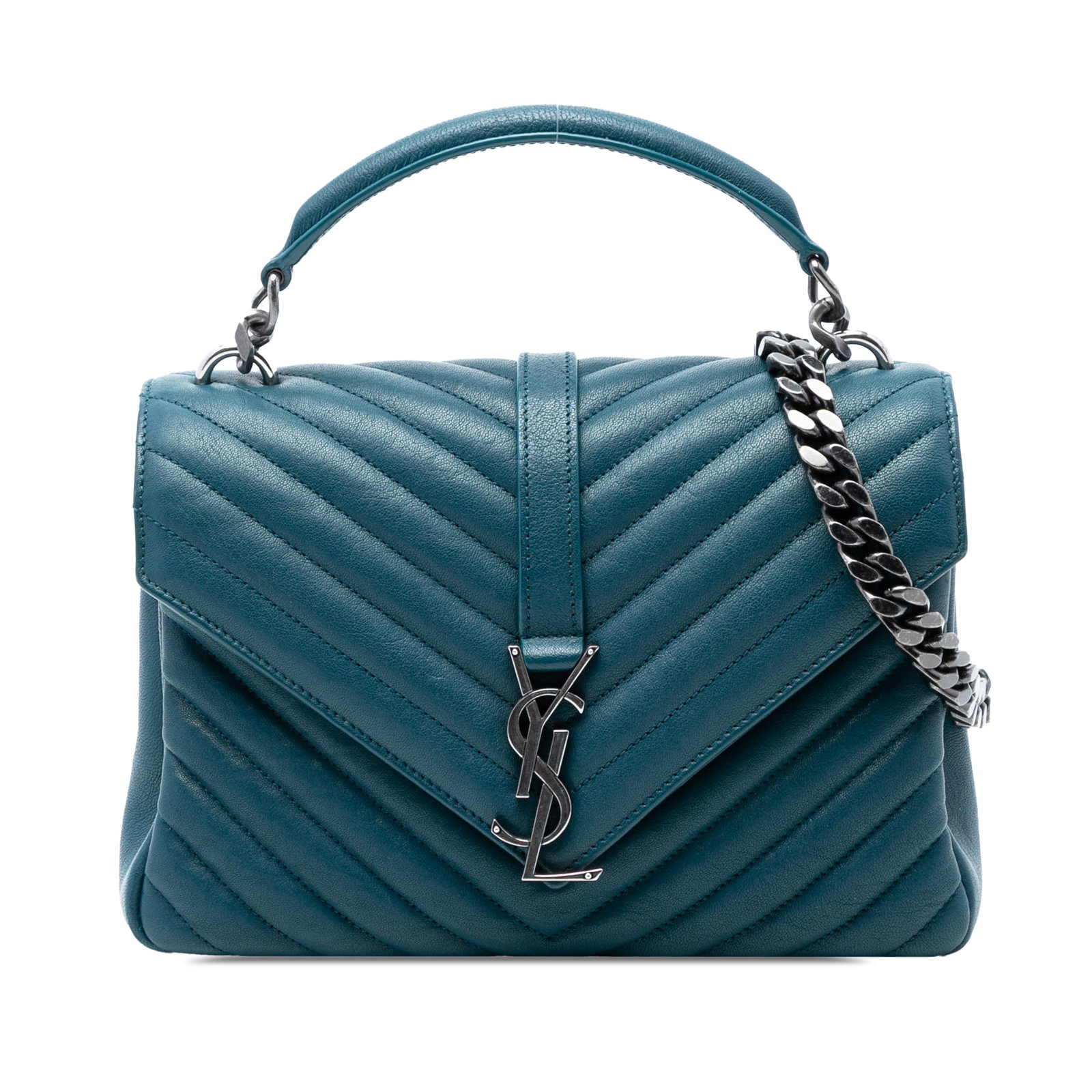 Saint Laurent College Medium Blue Leather Chevron Quilted Satchel Bag: Saint Laurent College Medium Blue Leather Chevron Quilted Satchel Bag This Saint Laurent Medium Quilted Chevron College Satchel features a blue quilted leather body with a chevron pattern, a flat leat