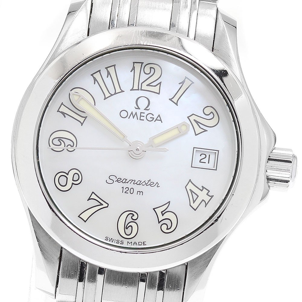 Omega Seamaster 120 quartz ladies date watch 2581.70: Omega Seamaster 120 quartz ladies date watch 2581.70 This OMEGA Seamaster 120 Date Quartz ladies watch features a stainless steel case and bracelet with a white mother-of-pearl dial. The watch is powe