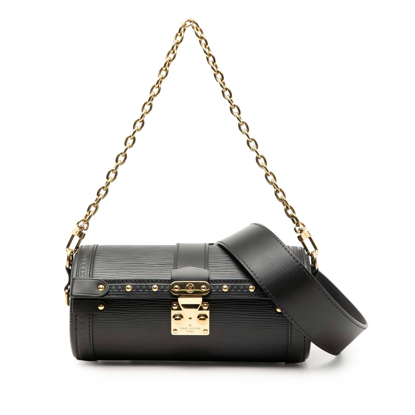 Louis Vuitton Epi Papillon Trunk Black Leather Bag with Chain and Strap: Louis Vuitton Epi Papillon Trunk Black Leather Bag with Chain and Strap This Louis Vuitton Epi Papillon Trunk features a black epi leather body with a top flap secured by an S-lock closure. It include