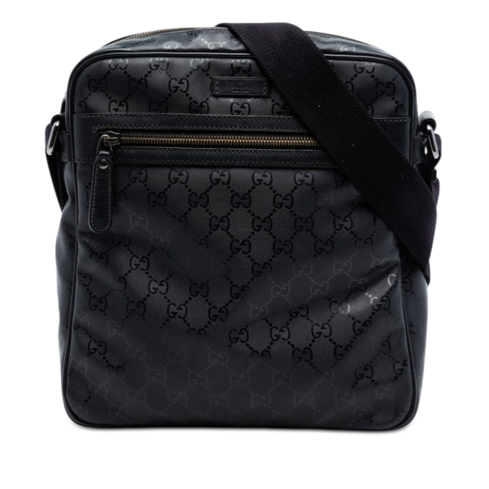 Black GG Imprime Crossbody Bag with Adjustable Strap by Gucci: Black GG Imprime Crossbody Bag with Adjustable Strap by Gucci This Gucci GG Imprime Crossbody bag features a coated fabric body with leather trim, an adjustable flat strap, top zip closure, exterior f