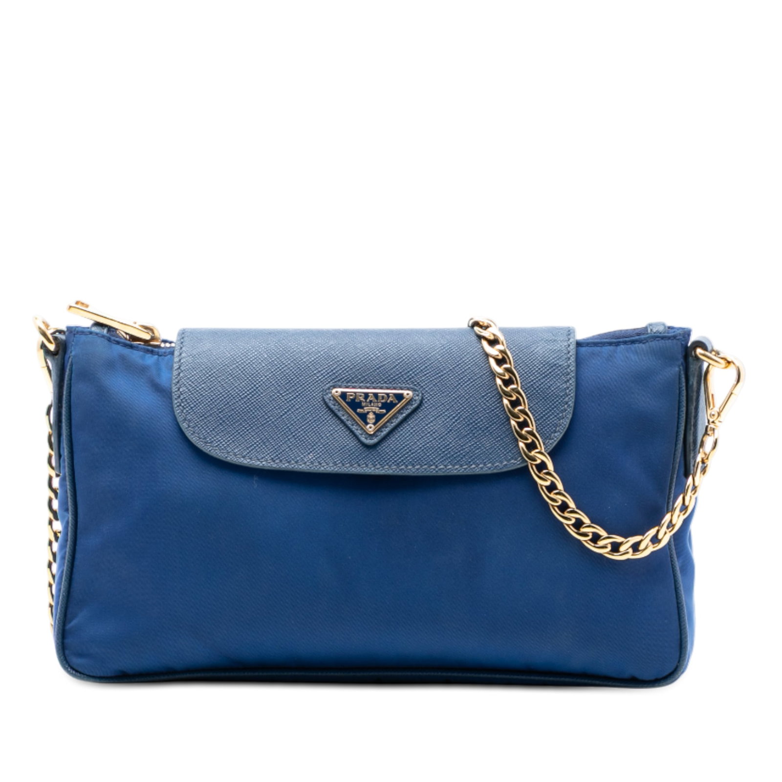 Prada Tessuto Blue Crossbody Bag with Saffiano Leather Trim and Chain Strap: Prada Tessuto Blue Crossbody Bag with Saffiano Leather Trim and Chain Strap This Prada crossbody bag features a blue nylon body accented with saffiano leather trim. It is designed with a detachable le
