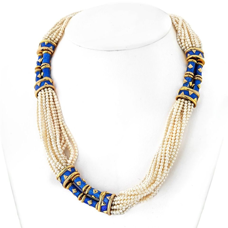 Tiffany & Co. Schlumberger 18K Gold Blue Enamel Pearl Necklace: Tiffany & Co. Schlumberger 18K Gold Blue Enamel Pearl Necklace This exquisite necklace from Tiffany & Co. showcases the artistry of Schlumberger, featuring a stunning combination of 18K yellow gold, c