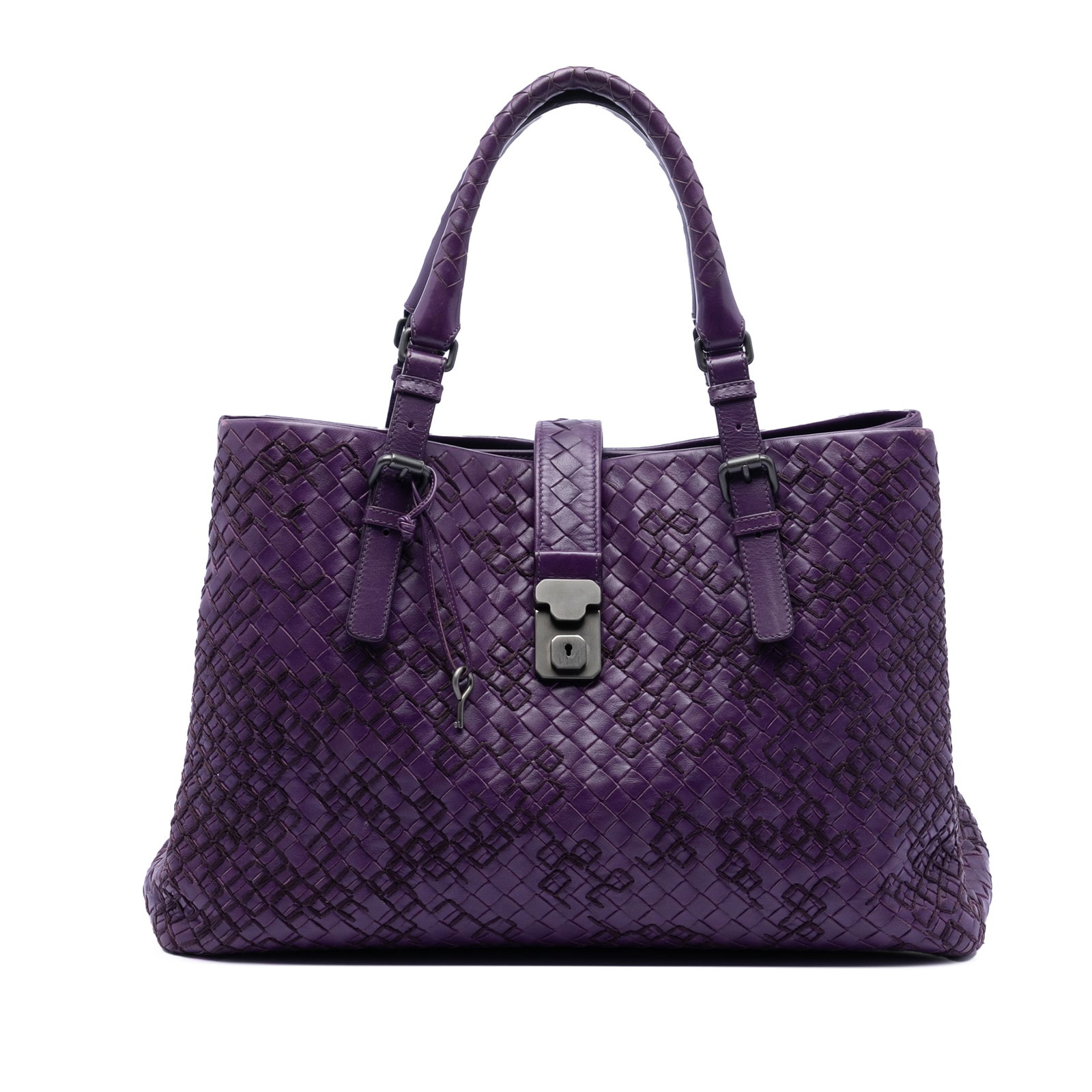 Bottega Veneta Roma Tote Purple Woven Nappa Leather Medium Size Handbag: Bottega Veneta Roma Tote Purple Woven Nappa Leather Medium Size Handbag This Bottega Veneta Medium Nappa Intrecciato Roma Tote features a signature woven nappa leather body in purple, adjustable rolle