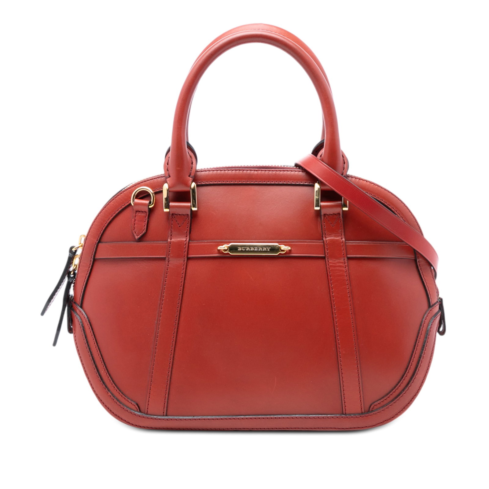 Burberry Orchard Small Red Leather Satchel with Bridle Detailing: Burberry Orchard Small Red Leather Satchel with Bridle Detailing This Burberry Small Calfskin Bridle Orchard Satchel features a red leather body with bridle detailing, rolled leather handles, a