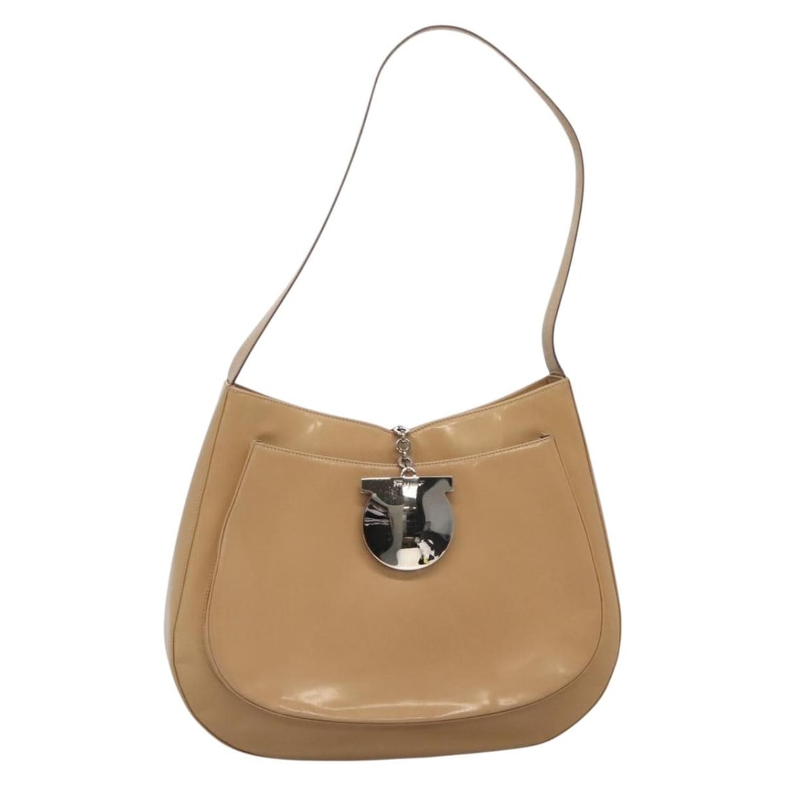 Salvatore Ferragamo Patent Leather Gancini Shoulder Bag Beige: Salvatore Ferragamo Patent Leather Gancini Shoulder Bag Beige This Salvatore Ferragamo Gancini shoulder bag for women features a beige patent leather exterior with a Gancini design. It measures 33cm x