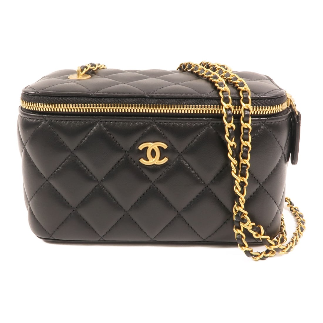 Chanel Black Lambskin AP3034 Vanity Case Shoulder Bag with Gold Hardware: Chanel Black Lambskin AP3034 Vanity Case Shoulder Bag with Gold Hardware This CHANEL CC Vanity Case Chain Shoulder Bag features luxurious black lambskin leather and a compact, elegant design. The bag 