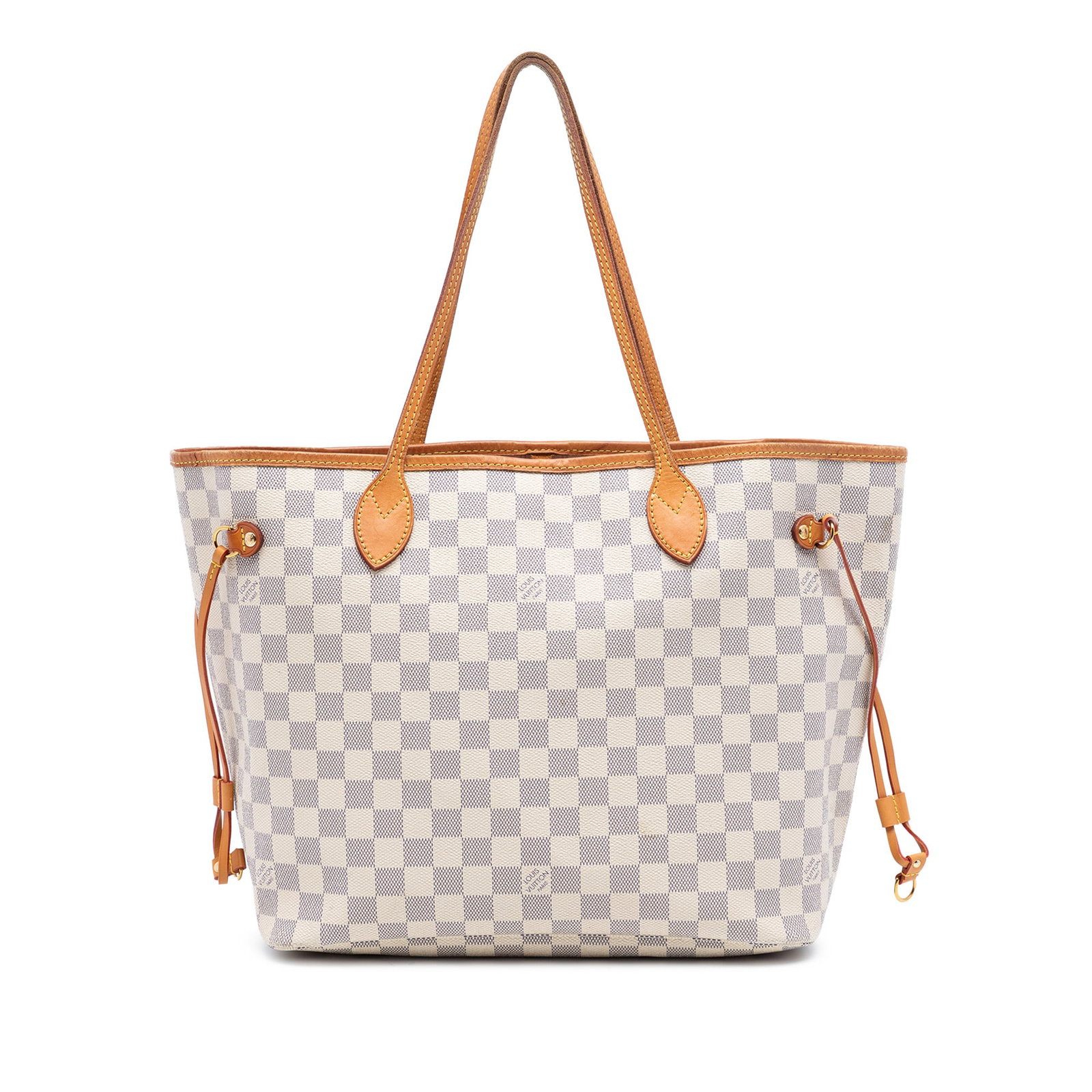 Louis Vuitton Neverfull MM Damier Azur Canvas Tote with Leather Trim: Louis Vuitton Neverfull MM Damier Azur Canvas Tote with Leather Trim The Louis Vuitton Damier Azur Neverfull MM features a damier azur canvas body with vachetta leather trim, flat vachetta leather han