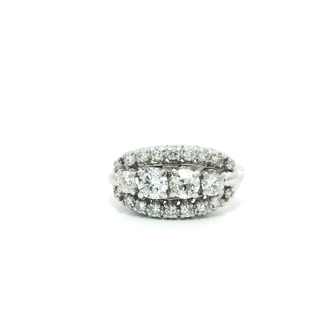 Three Row Old Cut Diamond White Gold Band Ring with 1.15ctw Vintage Stones: Three Row Old Cut Diamond White Gold Band Ring with 1.15ctw Vintage Stones This vintage band ring features a total of 1.15 carats of fiery, brilliant old round cut natural diamonds set in three rows. 