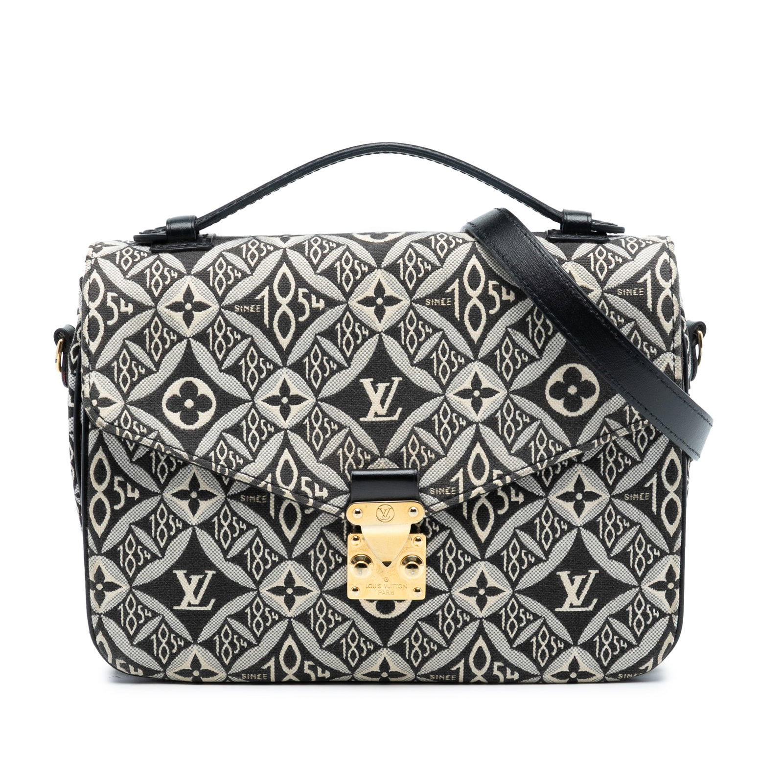 Louis Vuitton Pochette Metis Black Monogram Jacquard Fabric Shoulder Bag: Louis Vuitton Pochette Metis Black Monogram Jacquard Fabric Shoulder Bag The Louis Vuitton Monogram Jacquard Since 1854 Pochette Metis is crafted with a fabric body, featuring a flat leather top handl