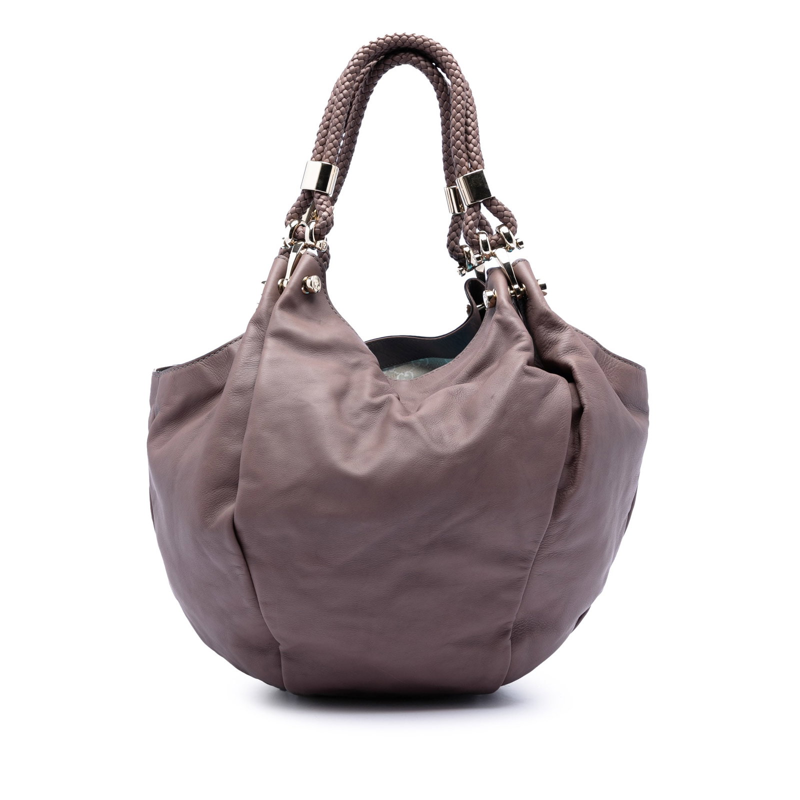 Brown Leather Hobo Bag with Braided Handles by Gucci: Brown Leather Hobo Bag with Braided Handles by Gucci This Gucci Leather Braided Handle Hobo bag features a brown leather body with braided leather handles and an open top design. The interior includes