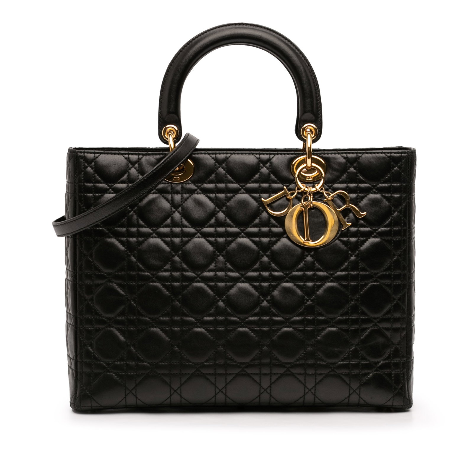 Lady Dior Large Black Cannage Quilted Lambskin Leather Handbag with Strap: Lady Dior Large Black Cannage Quilted Lambskin Leather Handbag with Strap This Lady Dior handbag features a quilted lambskin leather body in black, complemented by flat leather top handles and a detac