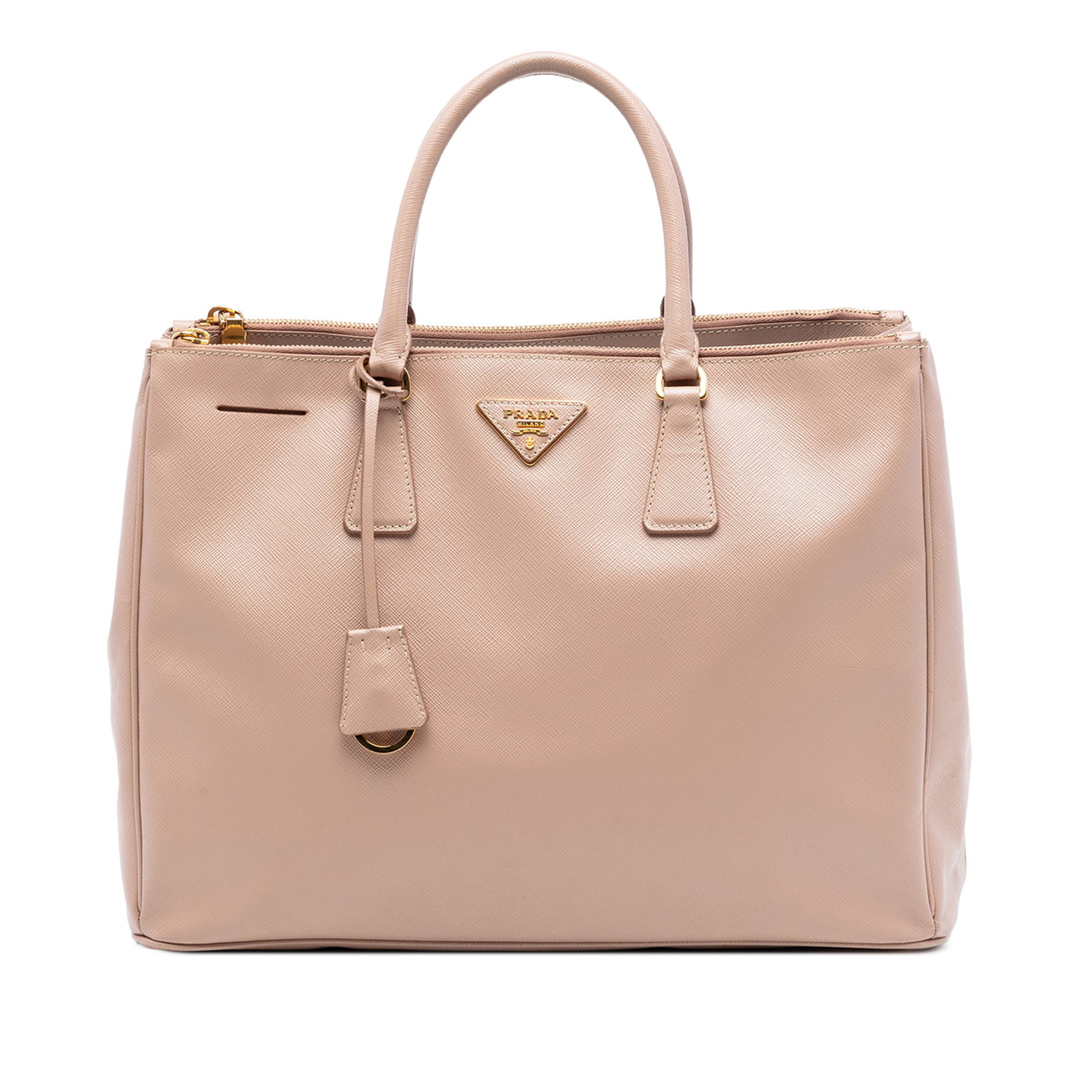 Brown Prada Galleria Saffiano Leather Double Zip Large Tote Bag: Brown Prada Galleria Saffiano Leather Double Zip Large Tote Bag This Prada Large Saffiano Lux Galleria Double Zip Tote features a brown saffiano leather body with rolled leather top handles. The tote 