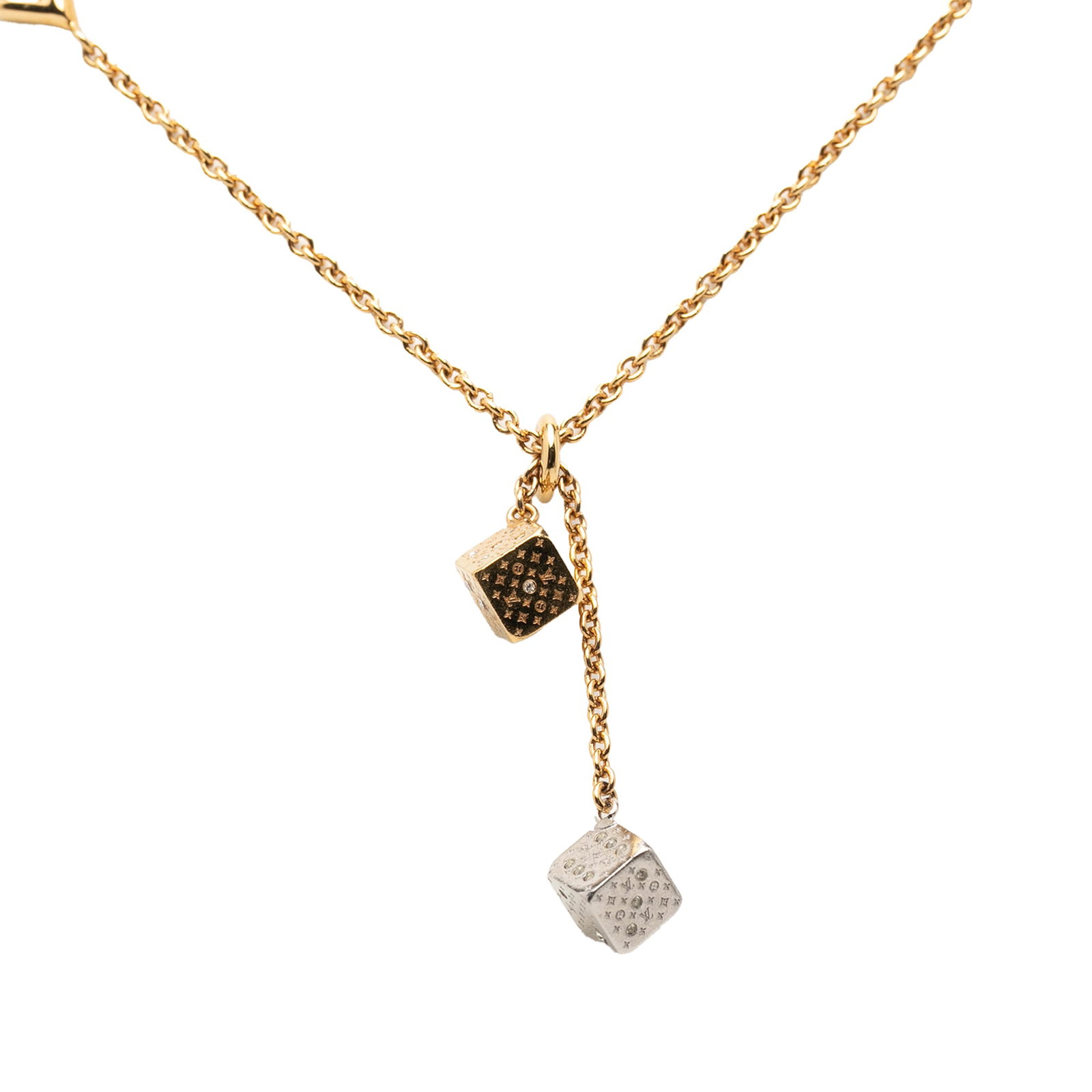 Louis Vuitton Luckygram Dice Necklace with Crystal Embellished Pendants: Louis Vuitton Luckygram Dice Necklace with Crystal Embellished Pendants This Louis Vuitton Luckygram necklace features a gold-tone chain with silver-tone and gold-tone pendants adorned with crystal em