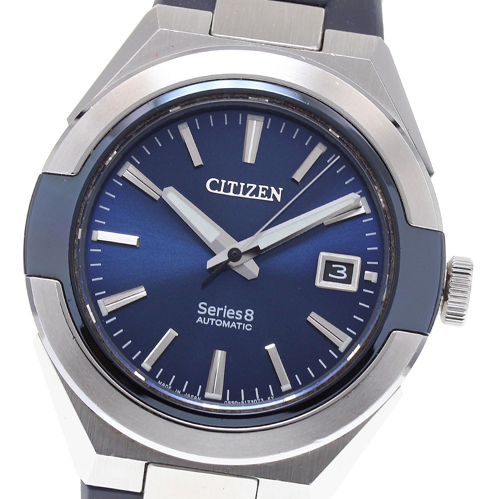 Citizen Series Eight 870 Automatic Date Navy Dial Men's Watch: Citizen Series Eight 870 Automatic Date Navy Dial Men's Watch This Citizen Series Eight 870 Mechanical wristwatch features a navy dial and a stainless steel case paired with a rubber bracelet. The wat