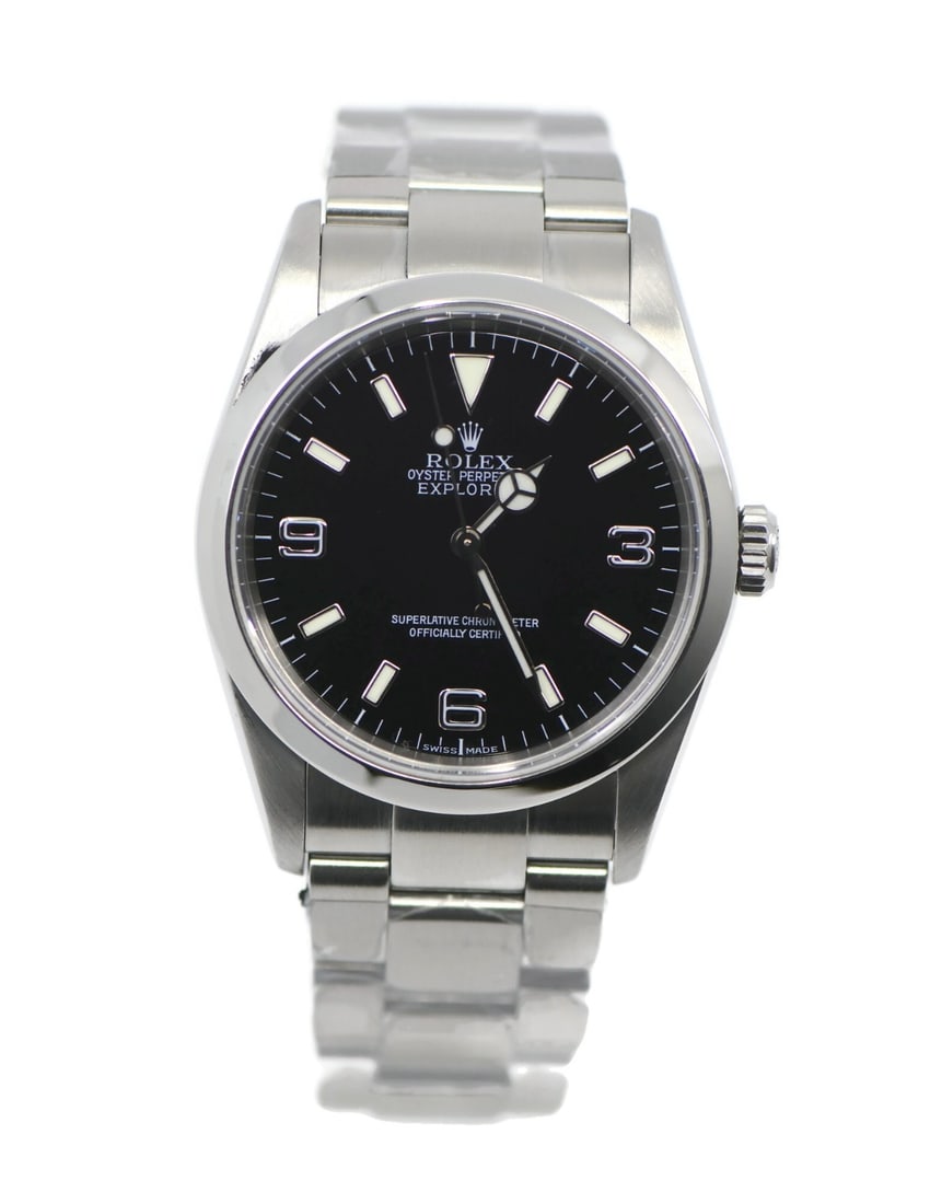 Rolex Explorer 114270 Automatic Steel Wristwatch Box Papers: Rolex Explorer 114270 Automatic Steel Wristwatch Box Papers This Rolex Explorer wristwatch, reference 114270, features a 36mm stainless steel case with a smooth silver bezel and a black solid-pattern 