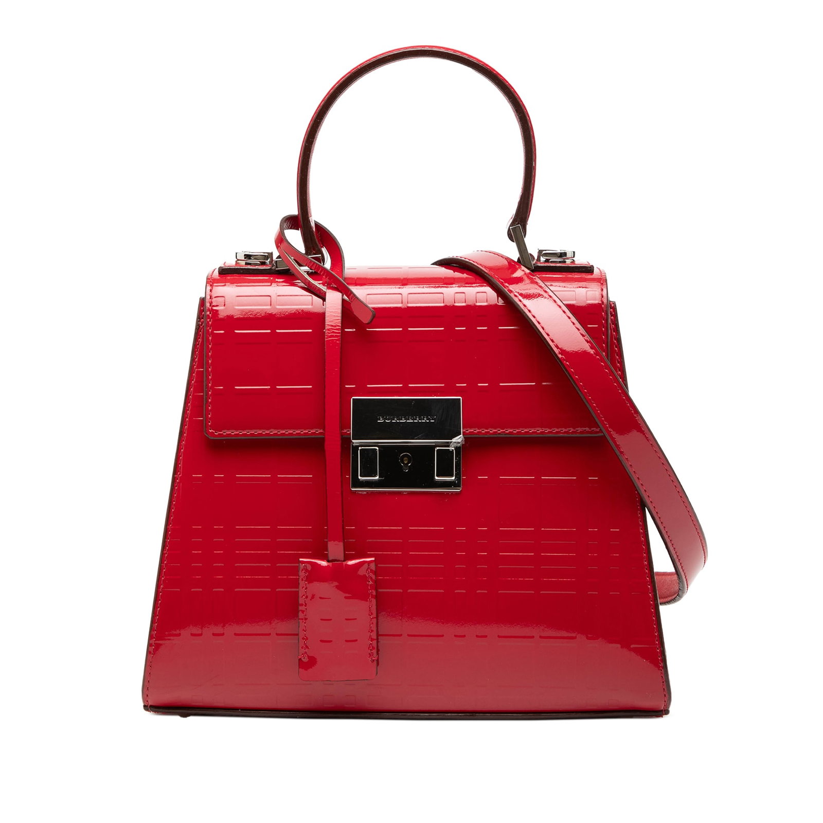 Red Embossed Patent Leather Satchel with Top Handle and Strap by Burberry: Red Embossed Patent Leather Satchel with Top Handle and Strap by Burberry This Burberry satchel features an embossed patent leather body in red, complemented by a clochette, a flat leather top handle,