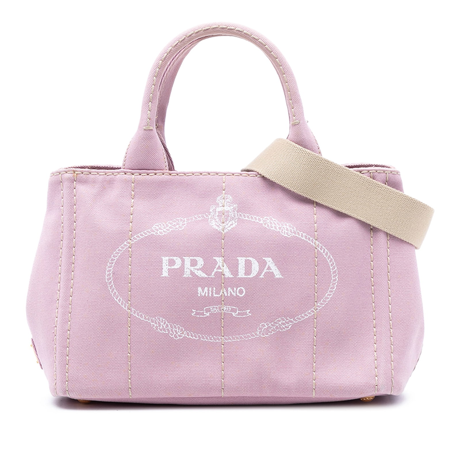 Prada Canapa Pink Canvas Logo Satchel with Detachable Strap: Prada Canapa Pink Canvas Logo Satchel with Detachable Strap This Prada Small Canvas Canapa Logo Satchel features a pink canvas body with rolled canvas handles and a detachable flat canvas strap. The b