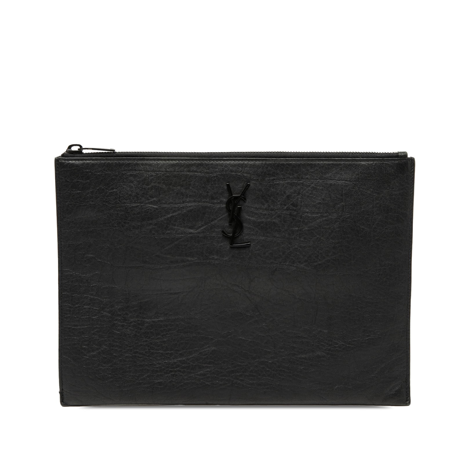 Black Croc Embossed Leather Clutch by Saint Laurent with Monogram Accent: Black Croc Embossed Leather Clutch by Saint Laurent with Monogram Accent This Saint Laurent clutch features a black croc-embossed leather exterior with a top zip closure and an interior slip pocket. T