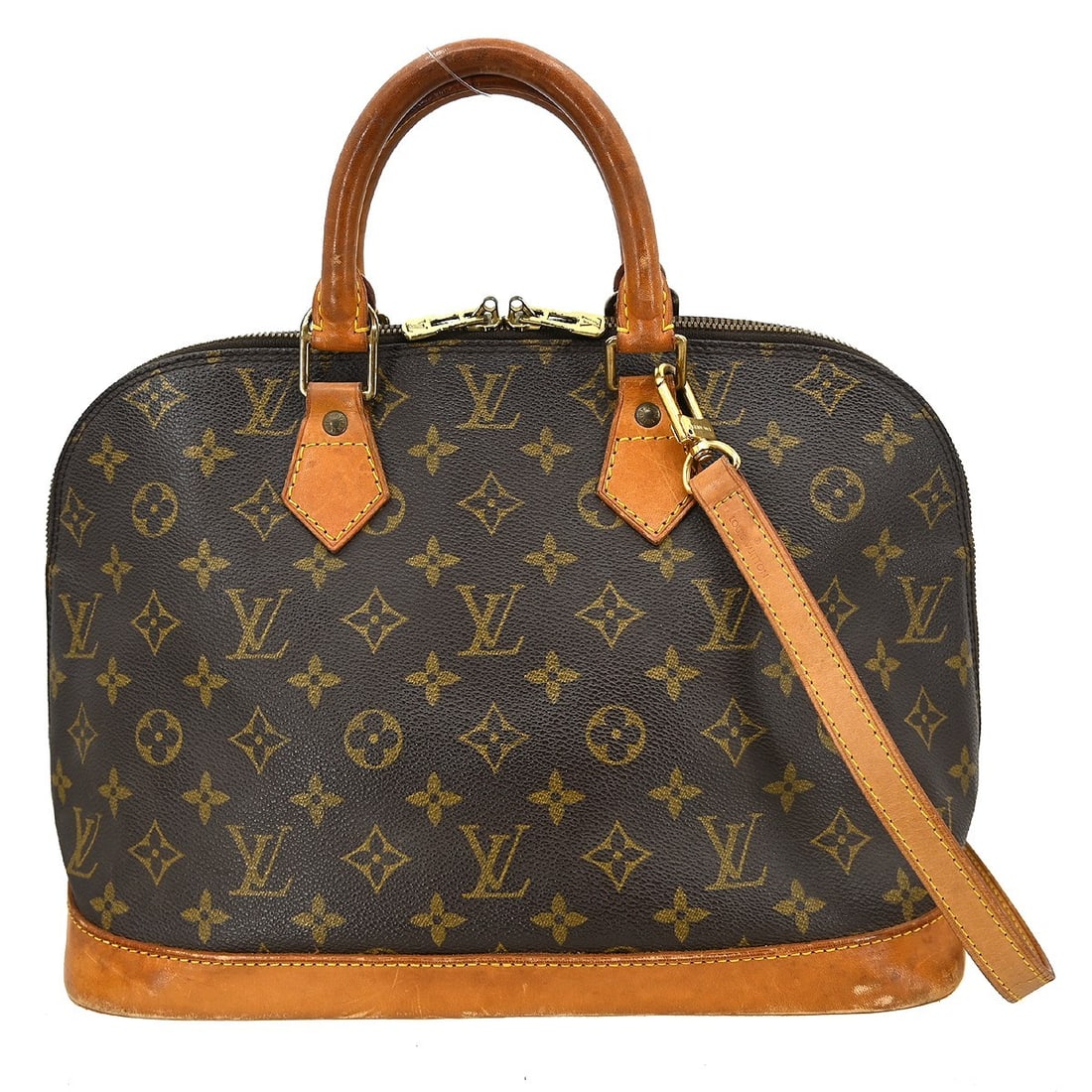 Louis Vuitton Alma Monogram Canvas Medium Brown Handbag M51130: Louis Vuitton Alma Monogram Canvas Medium Brown Handbag M51130 This Louis Vuitton Alma handbag features the iconic monogram canvas with double beige handles and a zip closure. Designed in a medium siz