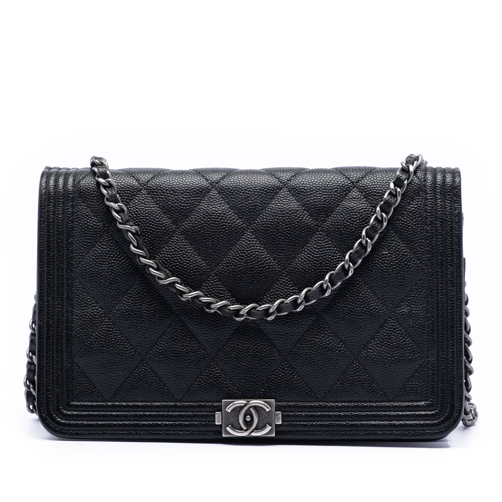 Chanel Boy Black Quilted Caviar Leather Wallet on Chain Bag: Chanel Boy Black Quilted Caviar Leather Wallet on Chain Bag This Chanel Boy Wallet on Chain features a quilted caviar leather body in black, complemented by a leather-woven chain strap and a front fla