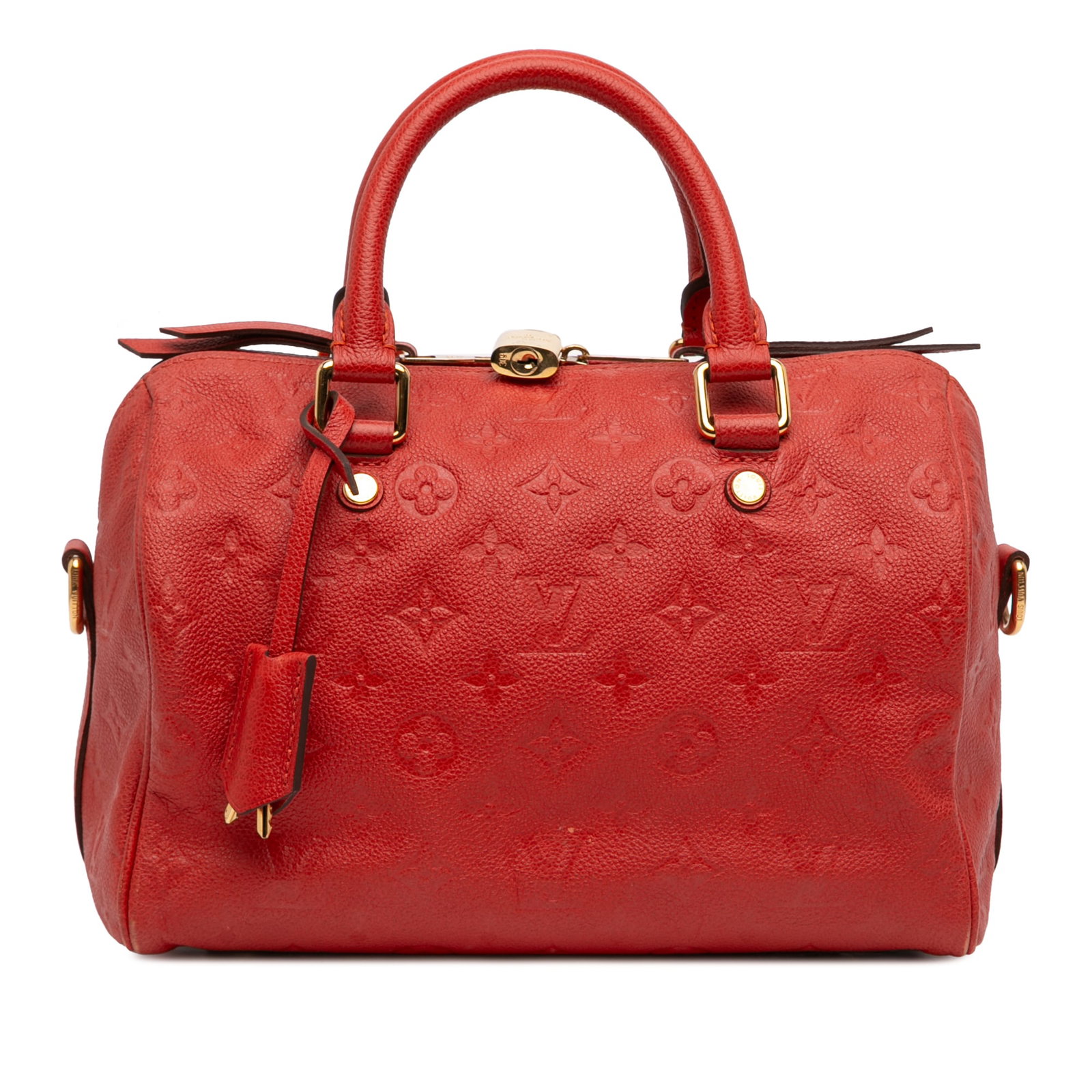 Louis Vuitton Speedy Bandouliere 25 Empreinte Leather Red Satchel Bag: Louis Vuitton Speedy Bandouliere 25 Empreinte Leather Red Satchel Bag This Louis Vuitton Monogram Empreinte Speedy Bandouliere 25 features a red empreinte leather body with a top zip closure and rolle