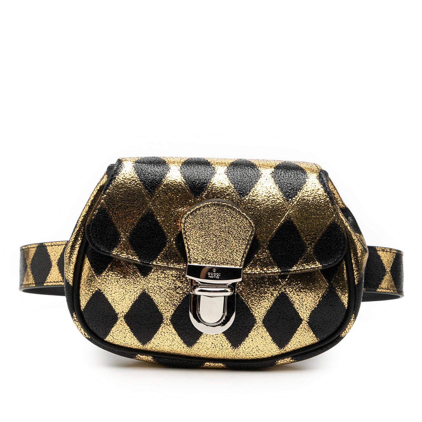 Gold Leather Gucci Waist Belt Bag with Adjustable Strap: Gold Leather Gucci Waist Belt Bag with Adjustable Strap This Gucci metallic calfskin belt bag features a leather body with an adjustable flat leather waist strap and a front flap secured by a push loc