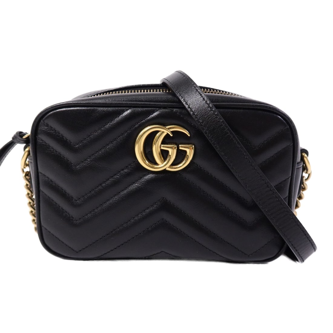 Gucci Marmont Mini Black Calfskin Shoulder Bag GHW: Gucci Marmont Mini Black Calfskin Shoulder Bag GHW This GUCCI GG Marmont Mini Shoulder Bag is crafted from black calfskin leather and features gold-tone hardware. Designed for women, it offers a compa