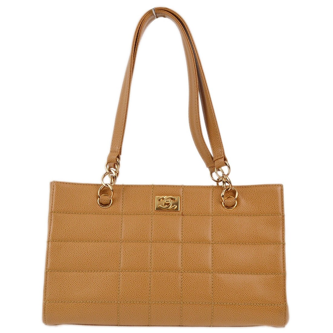 Beige Quilted Calfskin Chanel Chocolate Bar Vintage Tote Bag with Zip Closure: Beige Quilted Calfskin Chanel Chocolate Bar Vintage Tote Bag with Zip Closure This Chanel Vintage Chocolate Bar Zip Around Tote features a quilted calfskin leather exterior in beige. Designed for wome