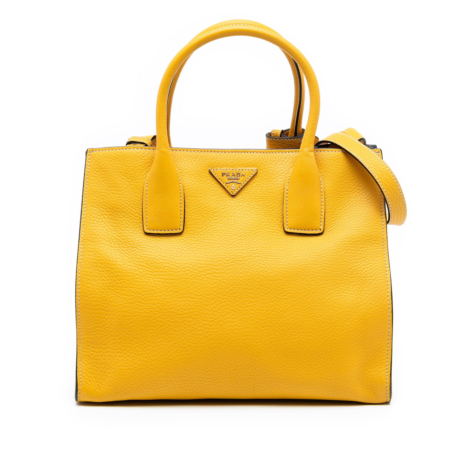 Yellow Leather Satchel with Detachable Strap Prada Vitello Daino Tote: Yellow Leather Satchel with Detachable Strap Prada Vitello Daino Tote This Prada Vitello Daino Open Convertible Tote features a yellow leather body with rolled leather handles and a detachable flat le