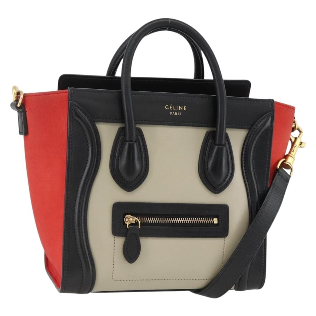 Celine Luggage Beige Leather Two Way Handbag with Shoulder Strap and Dust Bag: Celine Luggage Beige Leather Two Way Handbag with Shoulder Strap and Dust Bag This CELINE Luggage Hand Bag is crafted from beige and gold leather and offers versatile use as both a handbag and a shoul