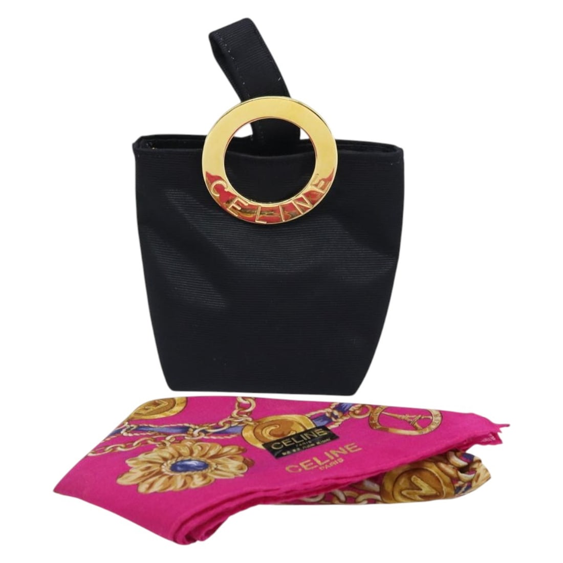 Black and Gold Nylon Circle Pouch by CELINE with Scarf Accessory: Black and Gold Nylon Circle Pouch by CELINE with Scarf Accessory This CELINE circle pouch features a sleek design crafted from black nylon with gold-tone accents. The compact pouch is made in Japan an