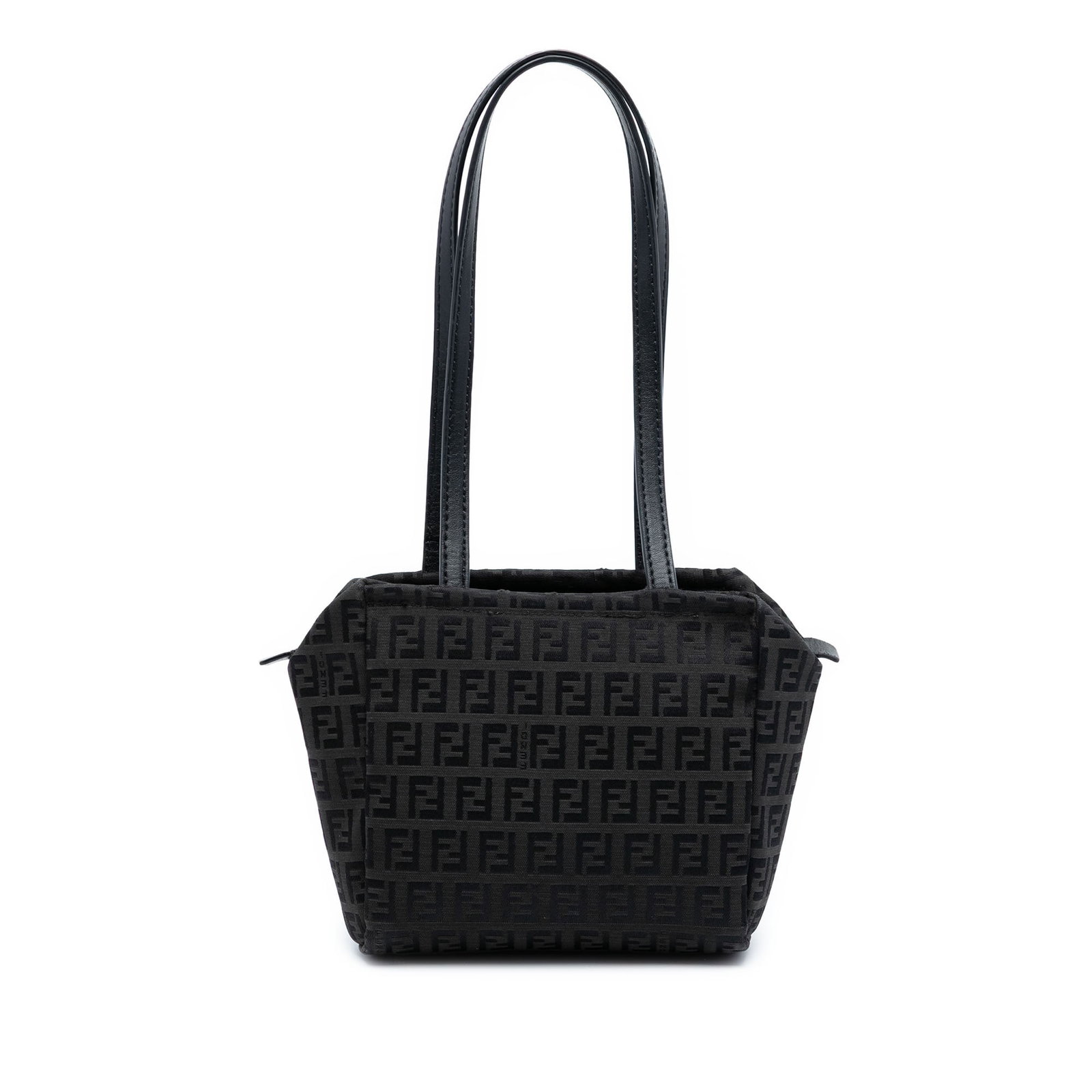 Fendi Mini Zucchino Black Canvas Small Tote with Leather Handles: Fendi Mini Zucchino Black Canvas Small Tote with Leather Handles This Fendi Mini Zucchino Canvas Handbag features a canvas body with flat leather handles, a top zip closure, and an interior slip pocke