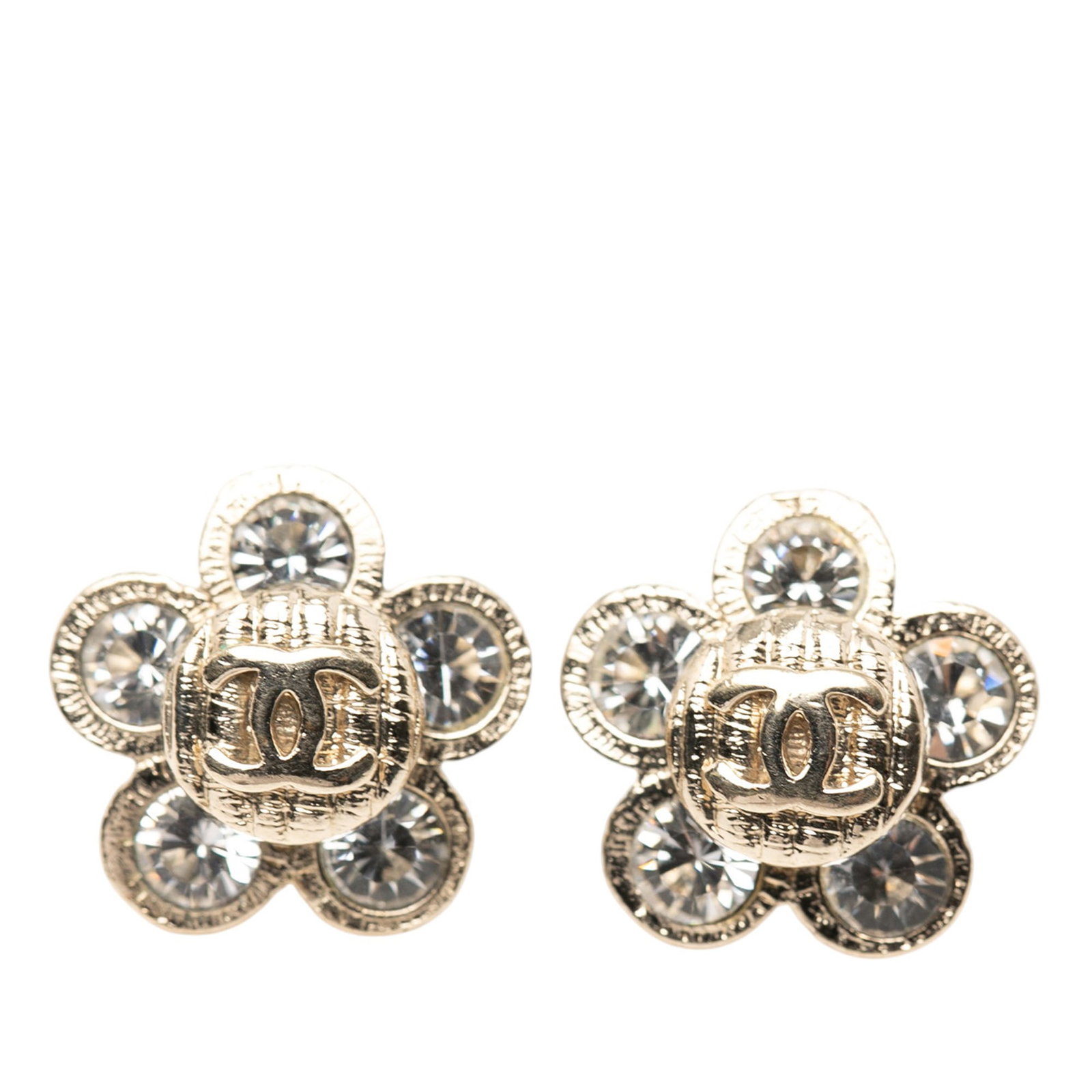 Chanel CC Crystal Flower Earrings with Gold Plated Finish and Push Backs: Chanel CC Crystal Flower Earrings with Gold Plated Finish and Push Backs These Chanel earrings feature interlocking CC logos on gold-tone hardware with crystal floral accents and push back closures. T