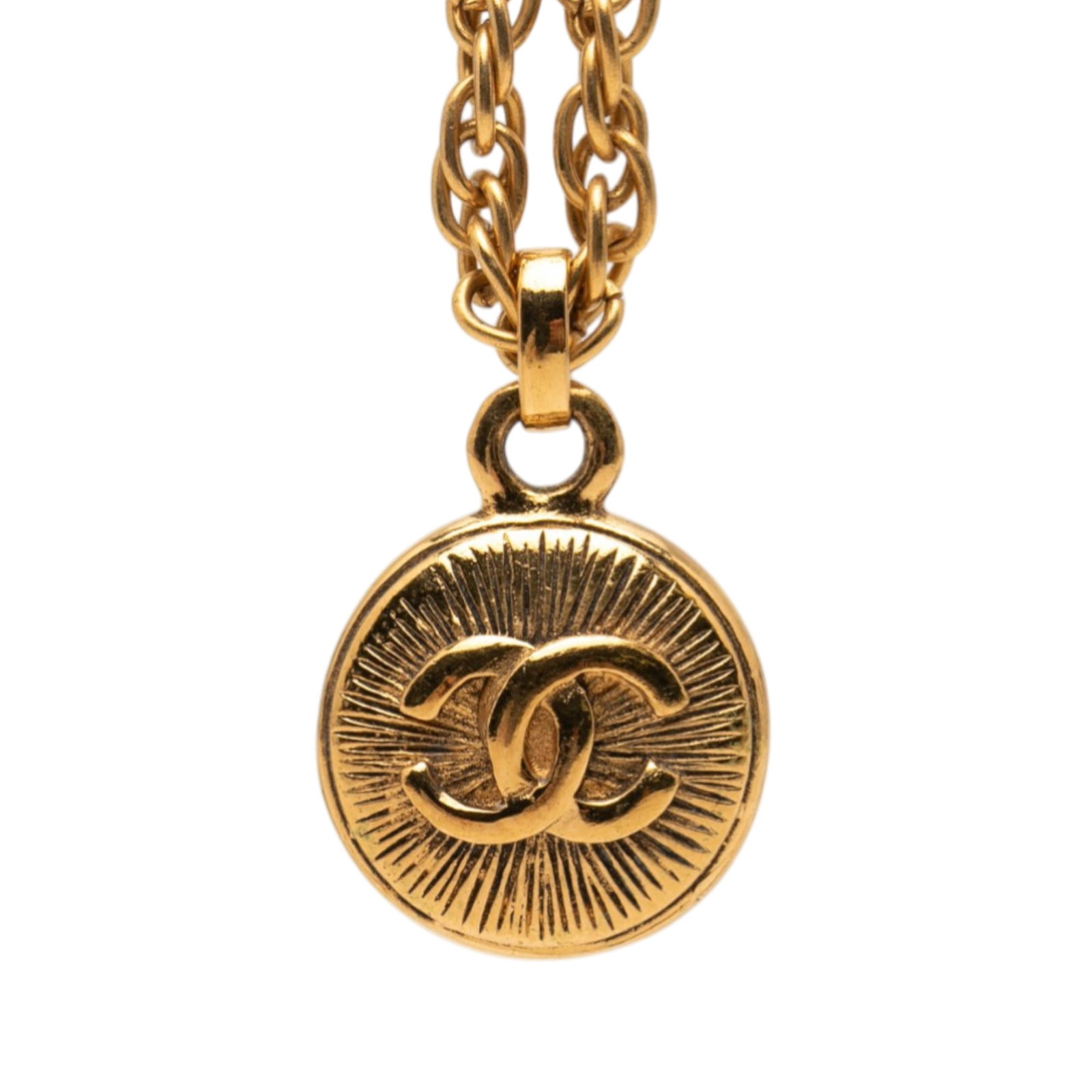Chanel CC Logo Round Gold Tone Pendant Necklace (1 of 4)
