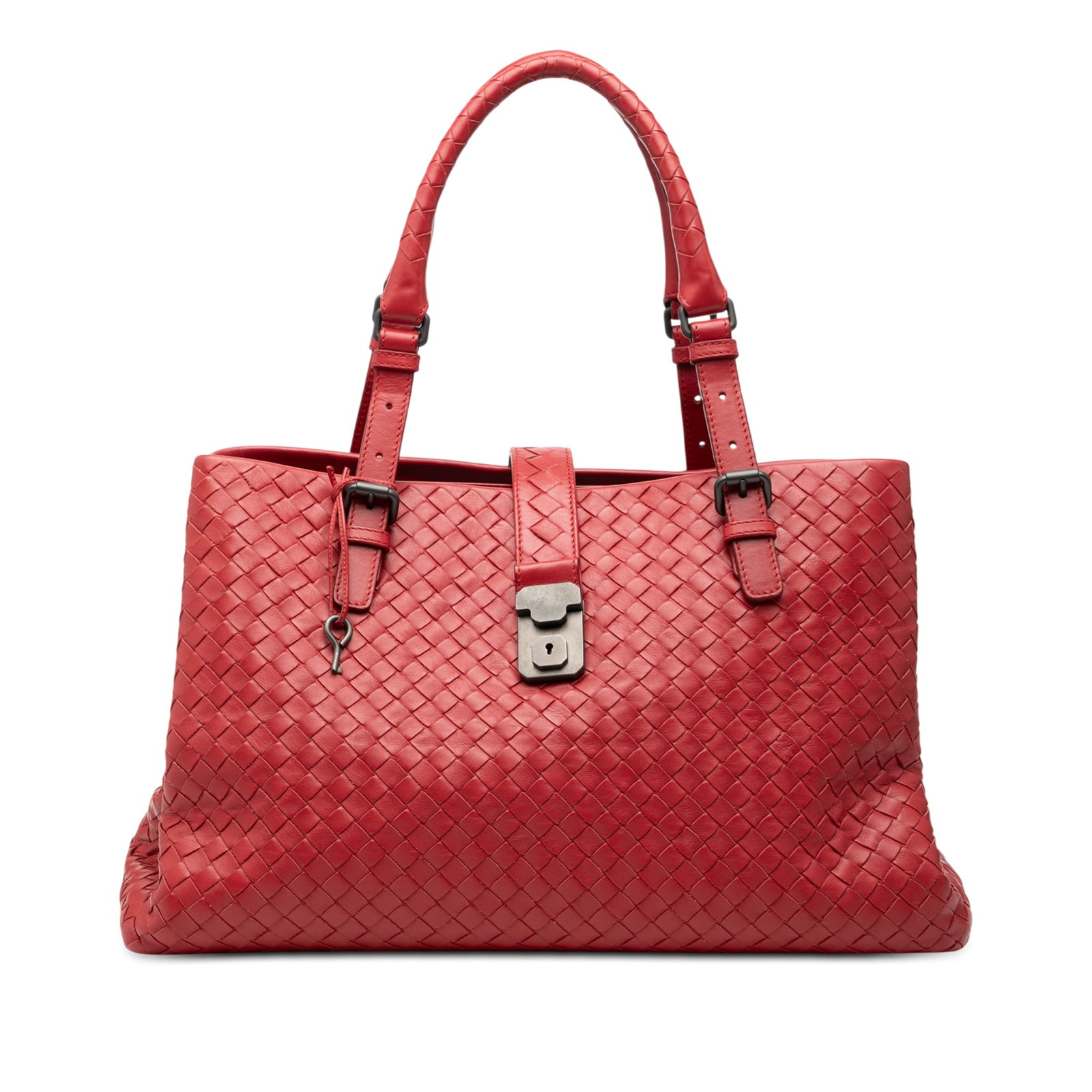 Bottega Veneta Roma Tote Medium Woven Nappa Leather Handbag Red: Bottega Veneta Roma Tote Medium Woven Nappa Leather Handbag Red This Bottega Veneta Medium Nappa Intrecciato Roma Tote features a woven nappa leather exterior in red with rolled leather handles, a top
