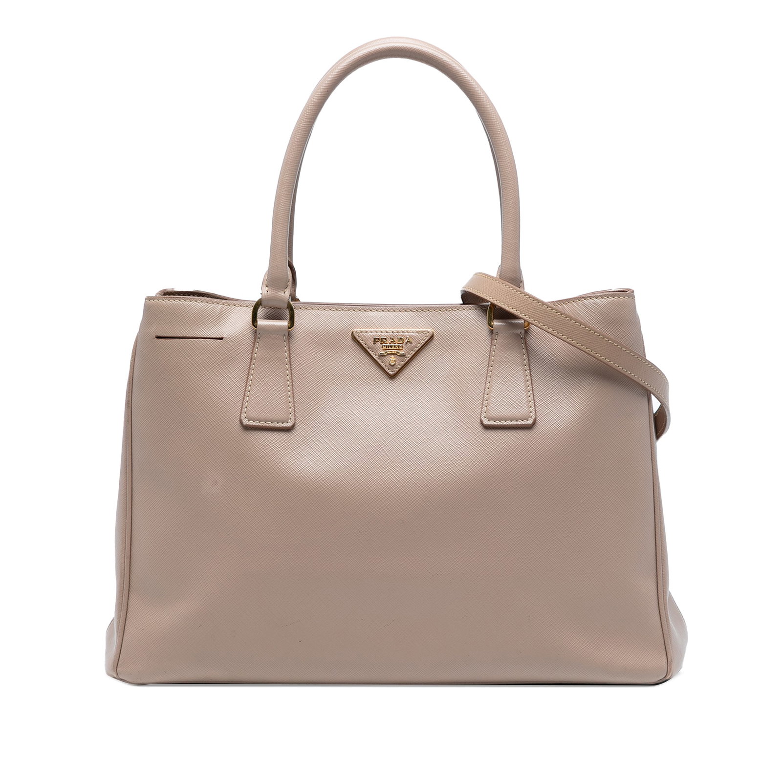 Prada Galleria Satchel Medium Saffiano Leather Brown with Adjustable Strap: Prada Galleria Satchel Medium Saffiano Leather Brown with Adjustable Strap This Prada Medium Saffiano Lux Galleria Satchel features a structured design crafted from brown saffiano leather. It comes wi