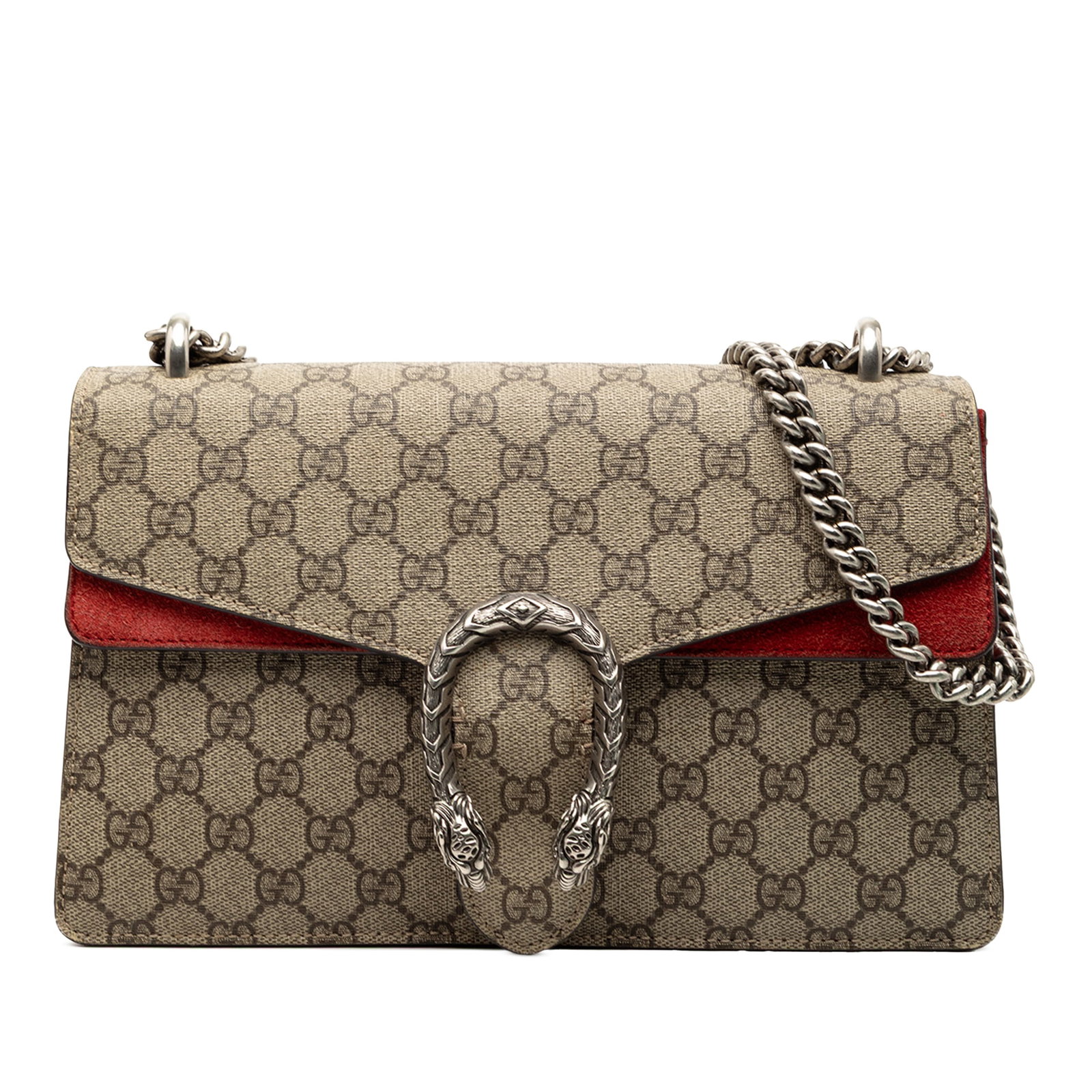 Gucci Dionysus Medium GG Supreme Coated Canvas Shoulder Bag: Gucci Dionysus Medium GG Supreme Coated Canvas Shoulder Bag This Gucci Dionysus Medium GG Supreme Shoulder Bag features a coated canvas body with suede leather trim, a silver-tone curb chain shoulder 