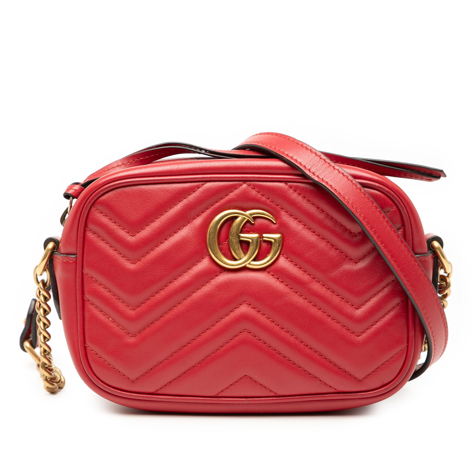 Gucci Mini GG Marmont Red Leather Crossbody Bag: Gucci Mini GG Marmont Red Leather Crossbody Bag The Gucci Mini GG Marmont Matelasse Leather Crossbody Bag is a stylish accessory crafted from high-quality quilted leather. This elegant bag features a 