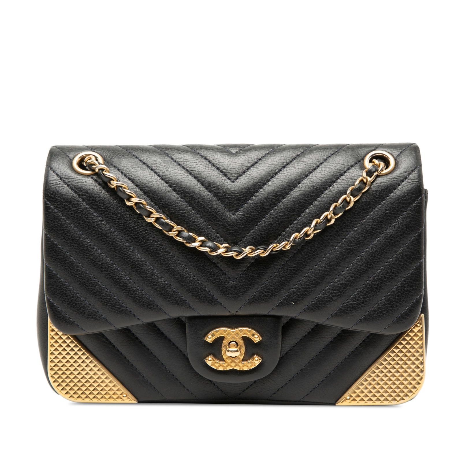 Chanel Mini Chevron Calfskin Black Shoulder Bag with Quilted Leather Flap: Chanel Mini Chevron Calfskin Black Shoulder Bag with Quilted Leather Flap This Chanel Mini Chevron Calfskin Rock The Corner Flap shoulder bag features a quilted leather body, a leather-woven chain str