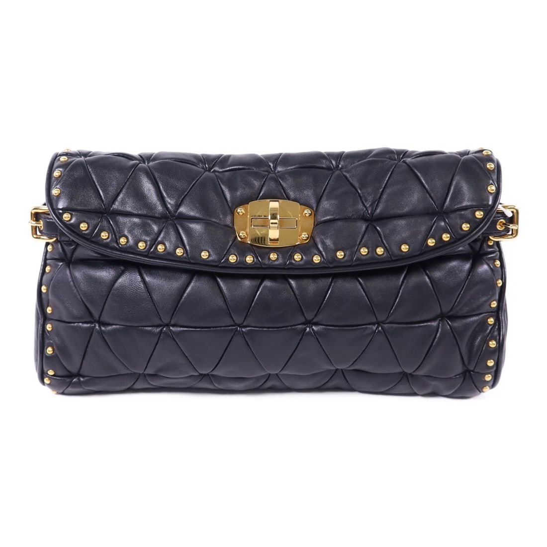 Miu Miu Black Calfskin Leather Clutch Bag with GHW: Miu Miu Black Calfskin Leather Clutch Bag with GHW This Miu Miu clutch bag is crafted from high-quality calfskin leather in a classic black color. Its sleek design features a black frame and offers a 