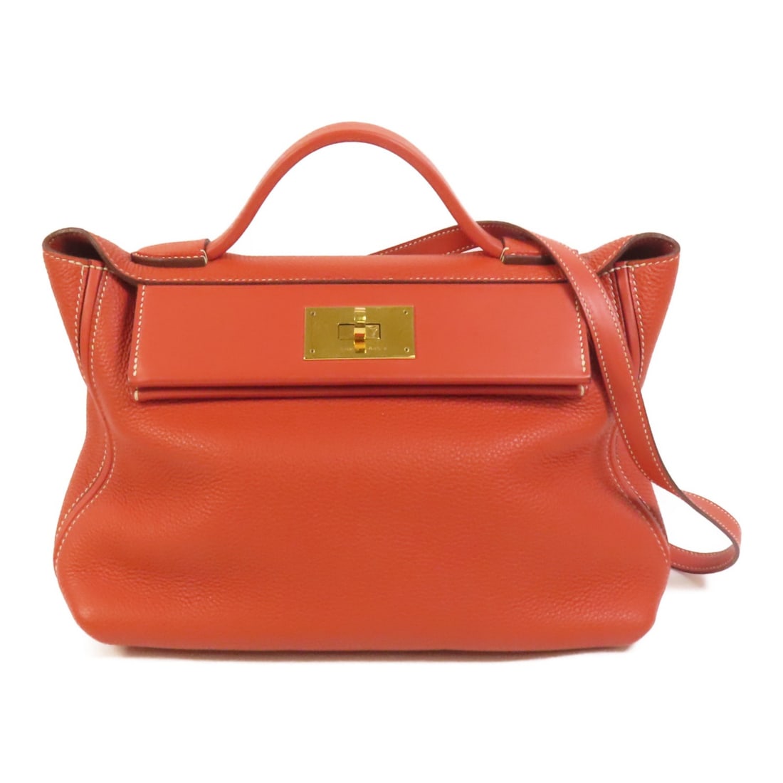 Hermes 24/24 29cm Togo Leather Orange Shoulder Bag with Gold Hardware: Hermes 24/24 29cm Togo Leather Orange Shoulder Bag with Gold Hardware The Hermes 24/24 29cm 2-way shoulder bag is crafted from Togo calfskin leather in a vibrant orange hue. Designed for versatility, 