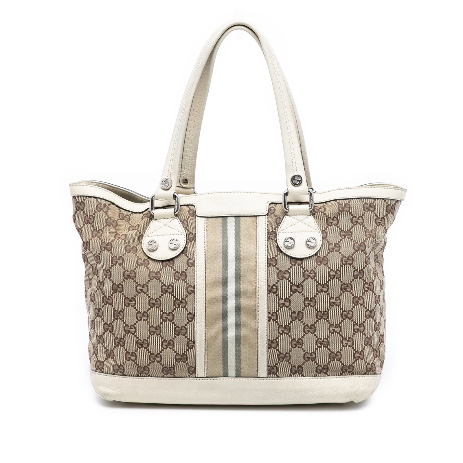 Gucci Sunset Tote Brown GG Canvas Web and Leather Handbag: Gucci Sunset Tote Brown GG Canvas Web and Leather Handbag This Gucci GG Canvas Web Sunset Tote features a brown canvas body accented with leather trim and web details. It is designed with flat leather