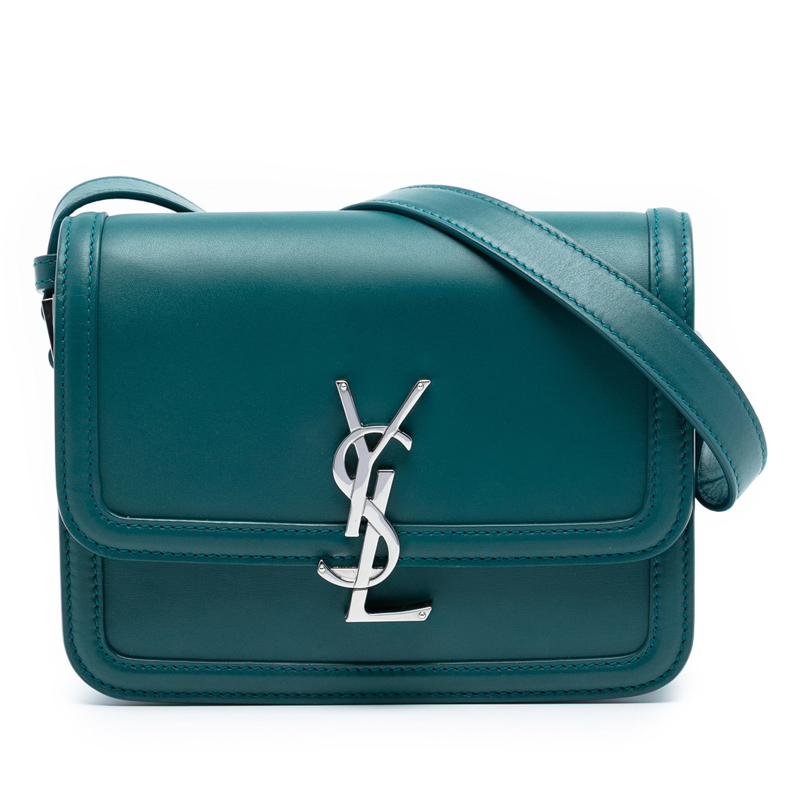 Saint Laurent Solferino Small Blue Leather Satchel with Adjustable Strap: Saint Laurent Solferino Small Blue Leather Satchel with Adjustable Strap This Saint Laurent Small Calfskin Solferino Satchel features a blue leather body with a flap and clasp closure, an adjustable f
