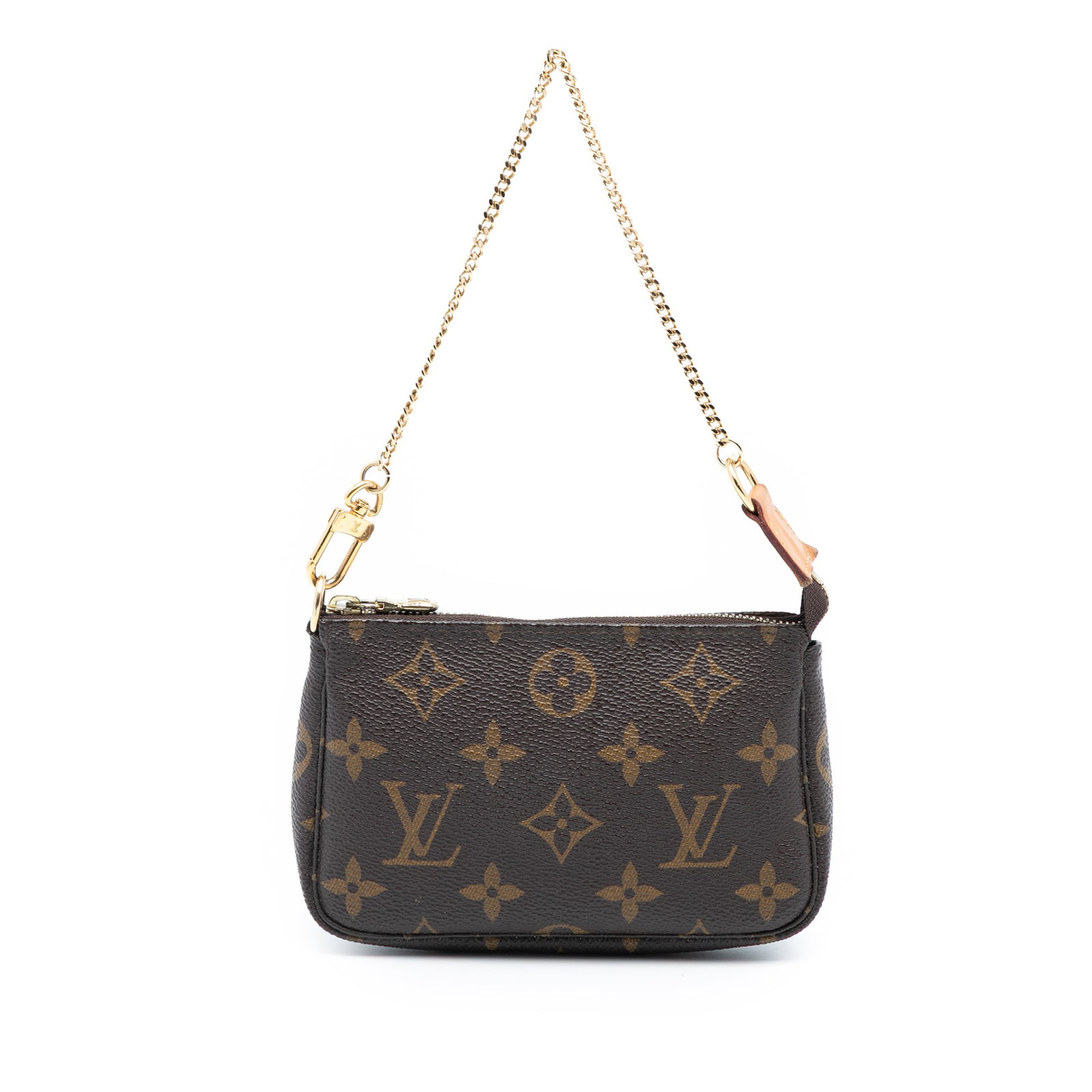 Louis Vuitton Mini Pochette Monogram Canvas Bag with Gold Chain Strap: Louis Vuitton Mini Pochette Monogram Canvas Bag with Gold Chain Strap This Louis Vuitton Monogram Mini Pochette Accessoires features a monogram canvas body with a gold-tone chain link strap and a top 